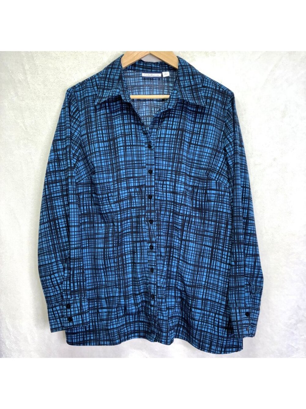 Croft & Barrow Button Down Blouse Stretch Plaid Blue Black Long Sleeve Sz XL #z